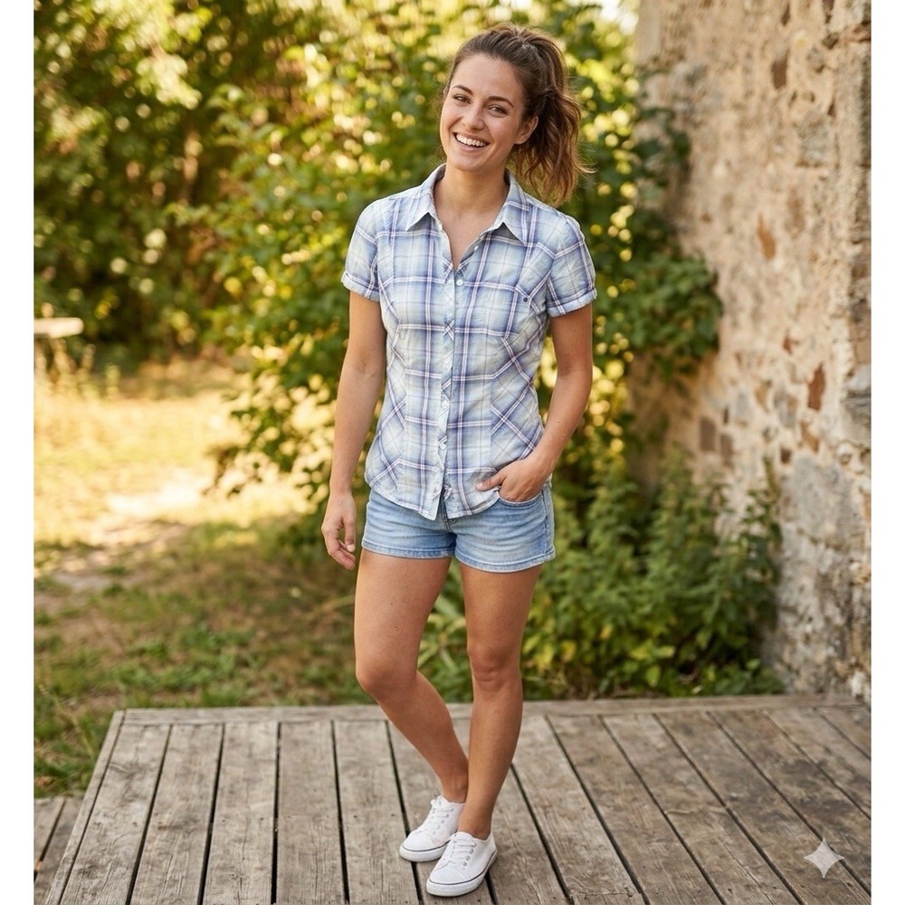 GUESS Jeans Women's Plaid Button Down Shirt Blue Gray Short Sleeve Blouse Size S